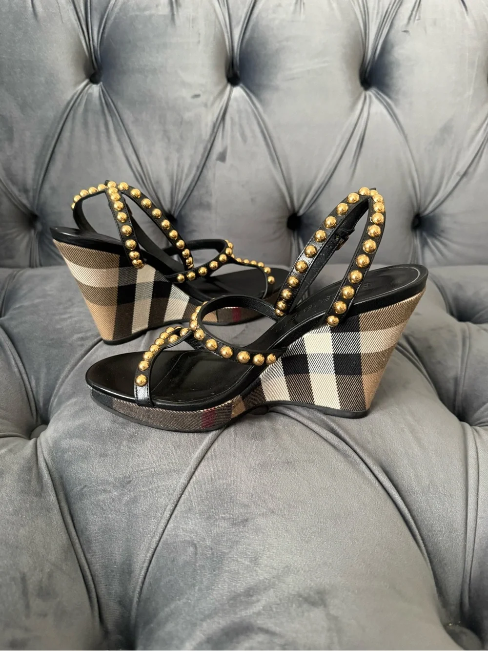 Worn Once! Burberry Black Strappy Studded Check Wedge Sandals